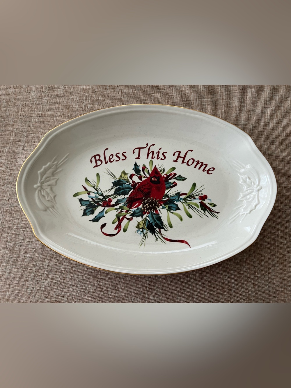 Bless This Home Lenox Oval Holiday Serving Platter with Cardinal